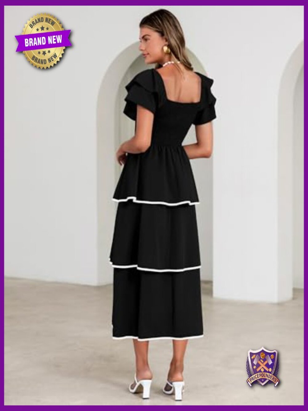 Smocked Tiered Midi Dress Square Neck Ruffle Short Sleeve Boho Flowy Guest - Picture 6 of 7